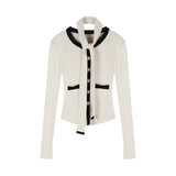Bonnyshow Korean Single-breasted Tie Casual Long-sleeved Cardigan Women 2025 Spring New High Street Contrast Color Patchwork Knitted Tops