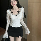 Bonnyshow Sweet Atmosphere Butterfly Bow Decoration Lace Top Pure Desire Style Spicy Girl White Tight Waist Slimming Base Shirt