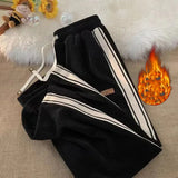 Bonnyshow Fall Striped Corduroy Sweatpants Women Winter Thick High Waist Drawstring Wide Leg Trousers Y2K Korean All-Match Straight Pants