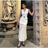 Bonnyshow  Fashion Pleated  Spliced Long Skirt Suits Women Knitted Chic Button V Neck Lady Vest Set High Waist Zipper Skirt Summer Set