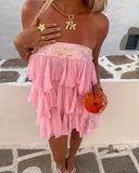 Bonnyshow  Solid Layered Ruffles Mini Dress Women's Strapless Irregular Cutting Sleeveless Sexy Vestidos 2025 Summer Vacation Beach Wear