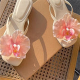 Bonnyshow  Flower Decoration Shoes for Womens Square Toes Solid Flat Heels Sewing Lines Zapatos Mujer PU Ladies Front Strap Chassure Femme