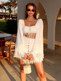 Bonnyshow  Chic Lace Up Shirt Tassels Mini Skirt Set Lady Retro Square Collar Full Sleeve Shirts A-lined Skirts Sets Women 2025 Outfits
