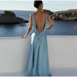Bonnyshow  Elegant Split Women' s Dresses Solid Square Collar Backless Sleeveless Long Dress Female Summer Fashion Party Evening Vestidos
