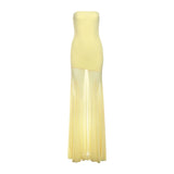 Bonnyshow  See Through Dress Women Patchwork Temperament Solid Pleated Strapless Sleeveless Backless Slim Banquet Party Vestidos