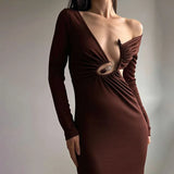 Bonnyshow autumn and winter new fashion hollow pleated slim slim long-sleeved dress elegant sexy party dress club clothing