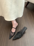 Bonnyshow  Fashion Crystal Mesh Pointed Toe Rhinestone High Heels Mules Sandals Women Pumps Shoes Buckle Strap Sexy Stilettos Mujer