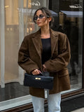 Bonnyshow  Women's Vintage Solid Suede Jacket Coat Turndown Collar Single Breasted Long Sleeve Outerwear Autumn Streetwear Fashion Jackets