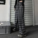 Bonnyshow Oversize Women Sweatpants Summer Fashion Black Plaid Casual Pants Elastic Waist Casual Pockets Student Trousers