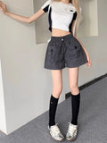 Bonnyshow  Design Sense Double Pocket Shorts Women'S Solid Spliced Button Pocket Drawstring Loose Casual High-Waist Wide Leg Trousers