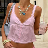 Bonnyshow  Women's Fairy 2000s Summer Tops Mini Bows Straps V Neck Crop Tops Open Back Lace Trim Button Tank Tops Streetwear