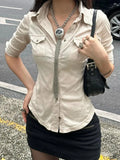 Bonnyshow  Fashion Solid Packet Slim Fit Women Shirts Causal Y2k Summer Chic Up Turn Down Collar Basic Blouses