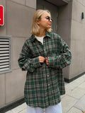 Bonnyshow Vintage Loose Plaid Women Shirt Fashion Lapel Long Sleeve Office Lady Shirts And Blouses Tops Female Clothing