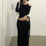 Bonnyshow Spring New Korean Strapless Sexy Threaded Knitted Long Sleeve T-Shirt Women + High Waist Lace Up Black Skirt Two-Piece Suit