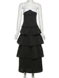 Bonnyshow  Patchwork Striped Print Maxi Dress Women Bow High Slits Multi-Layered Ruffles Sleeveless Backless Sweet Fashion Vestidos