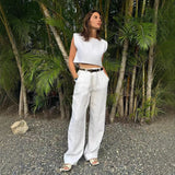 Bonnyshow  New Cotton and Linen Set for Spring and Summer 2025 Is Elegant Featuring A Sleeveless Vest and Wide-leg Trousers A Two-piece Set