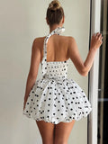 Bonnyshow  Sexy Polka Dot Halter Bubble Mini Dress Women Fashion Backless Lace Up Slim Puffy Dresses Lady Summer Chic Street Party Vestidos