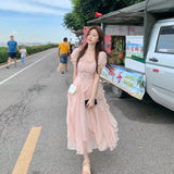 Bonnyshow  Summer Chiffon Fairy Dress Women Solid Elegant Party Midi Dress Female Casual Sweet Korean Fashion Pink Dress New Clothes