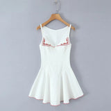 Bonnyshow  Floral Embroidery White Mini Sleeveless Dress Women Sexy V Neck Low Waist A-line Party Dresses Summer Robe 2025