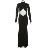 Bonnyshow Black Hollow Out Maxi Dress for Women Long Sleeve Slim Evening Party Dresses Autumn Winter Sexy Turtleneck Club Outfits 2024