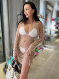 Bonnyshow   Summer See-Through Mesh Cover up Beach Mini Dress Outfits V-Neck Split Hollow Out Holiday Beach Dress Women Sexy Pullover