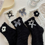 Bonnyshow Warm Coral Velvet Socks for Women Kawaii Flower Bows Mid Tube Sock Lady Thicken Warm Plush Sleep Home Floor Socks