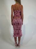 Bonnyshow  See Through Print Folds 2-Piece Set Women Backless Sleeveless Suspenders+Elasticated Waist Skirts Holiday Matching Suit
