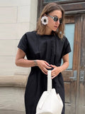 Bonnyshow  Elegant Women Short Sleeve Midi Dress New Spring Summer Sexy Round Neck Draped High Waist Robe Office Party Long Dresses