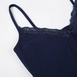 Bonnyshow  Fashion Lace Patchwork Sexy Basic Camisole Backless Solid Streetwear Slim Deep V-neck Chic Top 90s Elastic Clothes