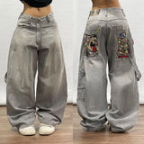 Bonnyshow Street Hip Hop Retro Y2k Fashion Casual Loose Big Pocket Jeans Harajuku High Waist Straight Leg Wide Leg Trousers Baggy Pants