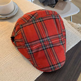Bonnyshow Vintage Plaid Berets Hat for Women Korean Retro Flat Cap Soft Cotton Newsboy Caps Y2K Girls Adjustable Artist Painter Hats