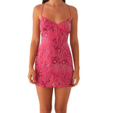 Bonnyshow  Women s Sequin Floral Embroidered Sleeveless Mini Dress with Cross Back Spaghetti Straps for Summer Beach Party