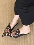 Bonnyshow  Summer Pointed Toe Women Slippers Fashion Vintage Embroidery Square Low Heels Party Dress Mules Shoes
