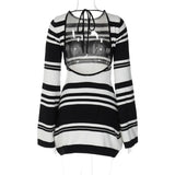 Bonnyshow  Knitted Backless Sexy Dress For Women Autumn Slim Color Block Mini Dresses Holiday Lace Up High Waist Dress Woman