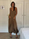 Bonnyshow  Casual Solid Slip Jumpsuit Women Vintage Brown Pleated Loose Wide Leg Jumpsuits Female 2025 Fashion Summer Street Lady Pants