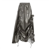 Bonnyshow Gray Shirring Maxi Skirts for Women Fashion High Waist Irregular A-line Skirt Autumn Winter Vintage Ruffle Y2K Skirt