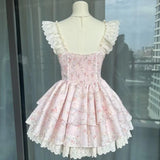 Bonnyshow  Sweet Girl Square Neck Small Flying Sleeves Bow Floral Dress Women Summer French Pincess Style Spliced Lace Cake Fluffy Dresses