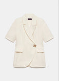 Bonnyshow  Chic One Button Women's Blazer Coat Elegant Laple Short Sleeve Shoulder Pad Pockets Jacket Female Summer Lady Commute Outwears
