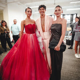 Bonnyshow Amazing Multi Colored Red Tulle Evening Dresses With Oversize Handmade Flower Strapless Puffy Bridal Dress Prom Gowns
