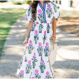 Bonnyshow  Casual Print Women Mid Dress 2025 Summer Puff Short Sleeve O-neck Button Pleated Female Dresses Fashion Pocket Lady Robe