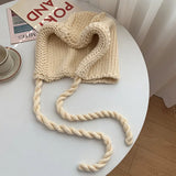 Bonnyshow Korean Knitted Balaclava Hat Handmade Winter Wool Lace Up Beanie Cap Solid Color Ear Protection Hats Christmas Accessories