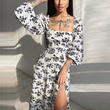 Bonnyshow Elegant Women's Sexy Dresses Full Sleeve  Open Back  Summer Floral Lace Up Hollow Out Split Dress Female Robe S-XXXL