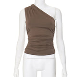 Bonnyshow Solid Color One Shoulder Backless Shrink Tank Top T-Shirt Candy Color Tight Sexy Sleeveless Neckless Slim Casaul Top