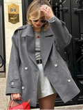 Bonnyshow  Autumn Woolen Blazer Jacket For Women Fashion Turn Down Collar Double Breasted Lady Chic Street Solid Long Sleeve Outerwear