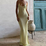 Bonnyshow  Beach Boho Knitted Maxi Dress Women Slim Split Dress Vintage Crochet Backless Tie Up Long Dress Cocktail Club Party
