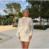Bonnyshow  Women's Ruffled Long Sleeve Tops Elegant Round Collar Loose Blouse Decorative Layered Shirts Summer Beach Party Street Wear