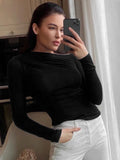 Bonnyshow Long Sleeve Top White T-Shirts Women Basic Crop Top Autumn Pollover Solid Skew Neck T Shirt Streetwear Basic Black Y2K Tees