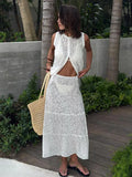 Bonnyshow  Two Piece Sets Women See Through Outifits Casual Sleeveless Print Tank Top High Waist Dress Set White Women Vacation Suit