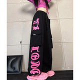 Bonnyshow Y2K Cargo Pants Women Streetwear Printed Wide Leg Joggers Sweatpants Harajuku Hip Hop Multi-Pocket Loose Casual Sports Trousers