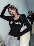 Bonnyshow Women Sexy Slim Crop Top Retro Graffiti Print Elastic T Shirt Ribbed Long Sleeve O-neck Tops Grunge Tee Tops